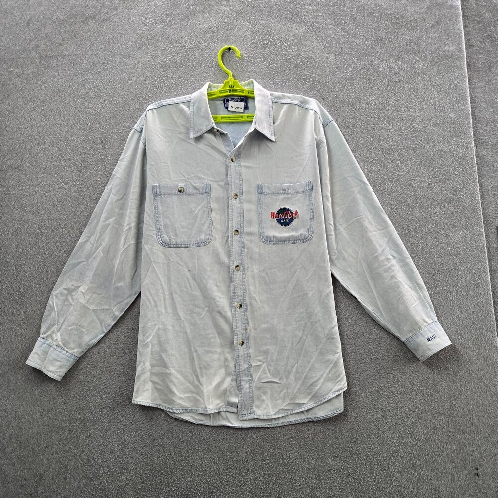 VINTAGE Hard Rock Cafe Men Button Up Shirt S Light Blue Embroidered Twill 90s